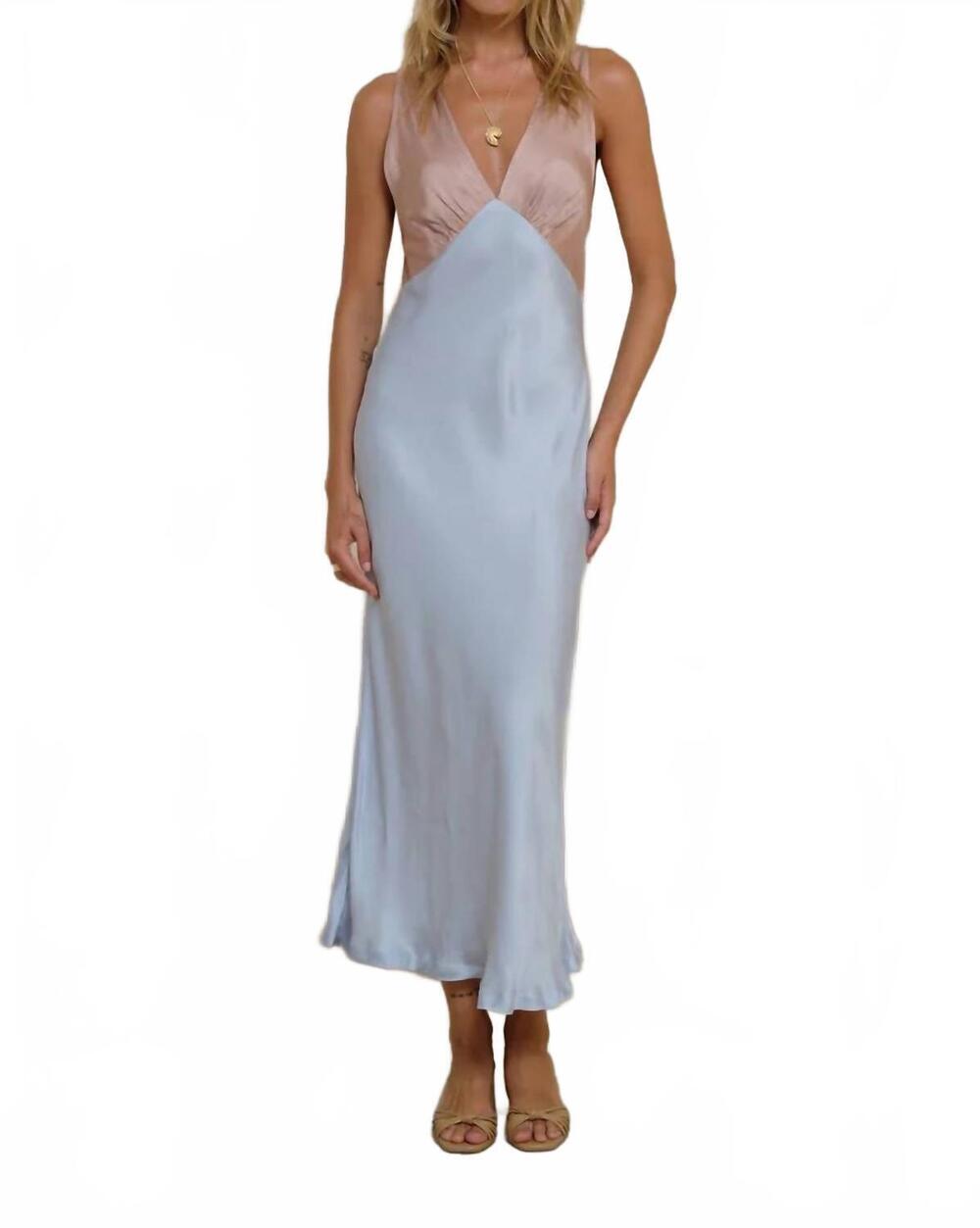 NEW ILOVELILYA zanita midi to long-length slip dress in patchwork blue/rose